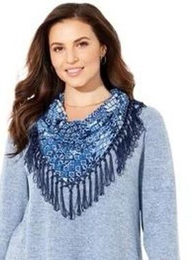 Blue Patterned Fringe Triangle Scarf - , Women Accessories